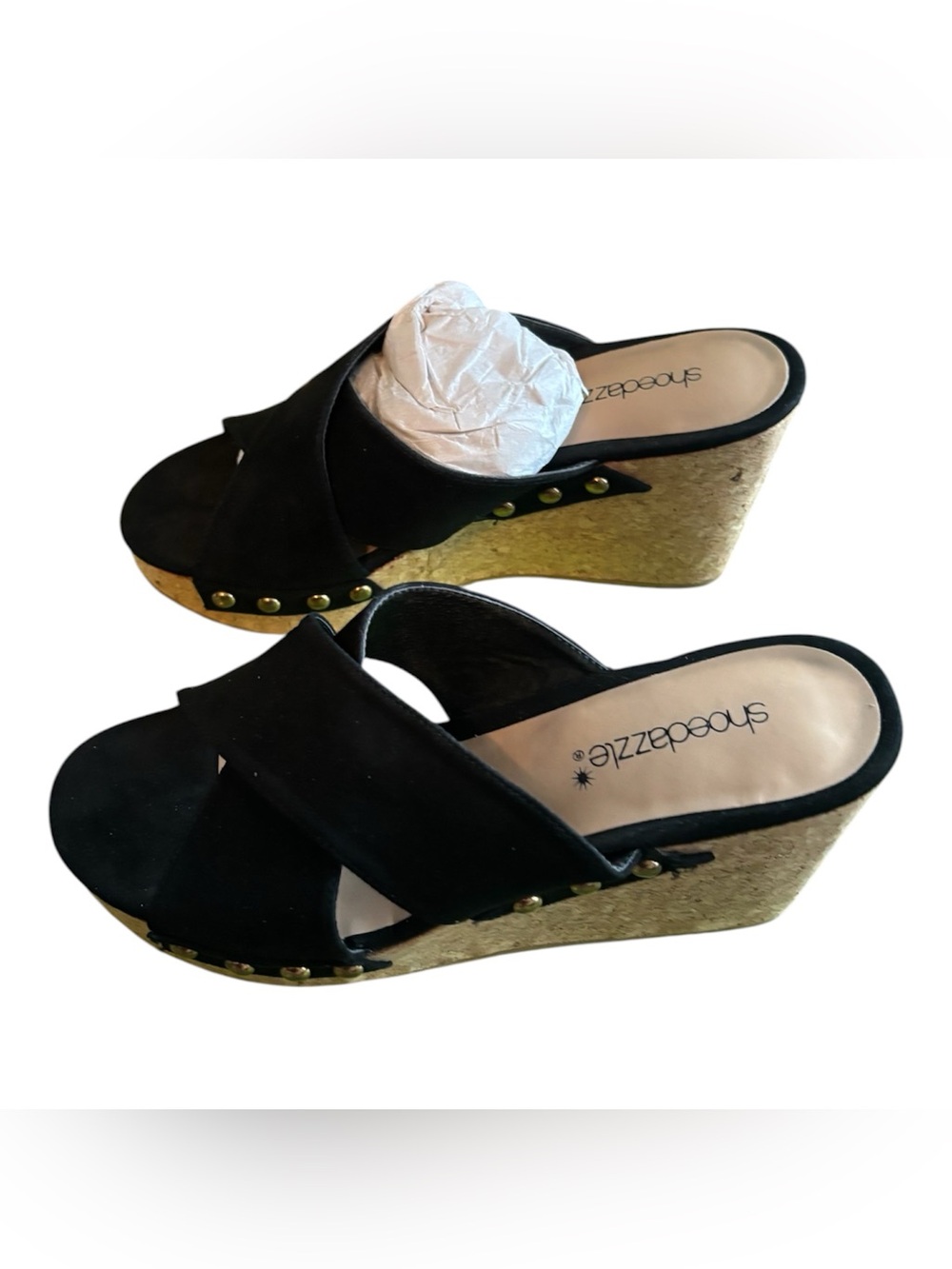 Shoe Dazzle Black Suede Cork Platform Wedge Slides